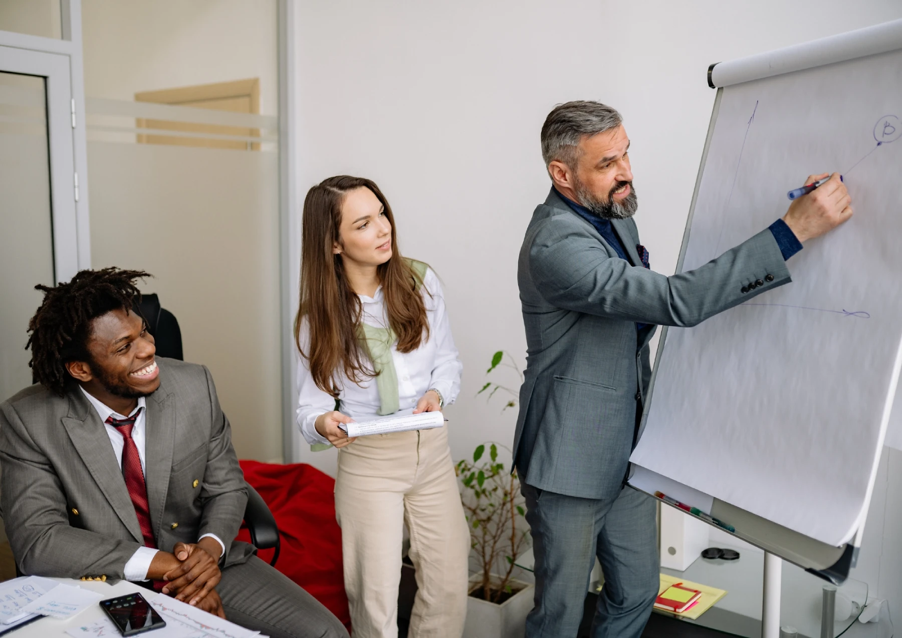 Business strategy planning session with notes, planning documents and advisory discussion